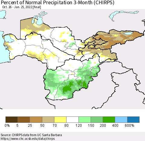 Central Asia Percent of Normal Precipitation 3-Month (CHIRPS) Thematic Map For 10/26/2021 - 1/25/2022