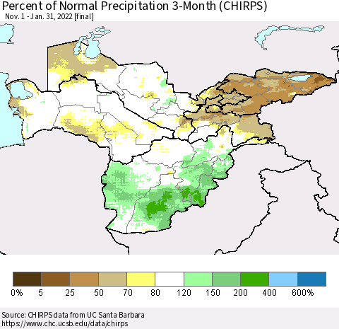 Central Asia Percent of Normal Precipitation 3-Month (CHIRPS) Thematic Map For 11/1/2021 - 1/31/2022