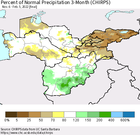 Central Asia Percent of Normal Precipitation 3-Month (CHIRPS) Thematic Map For 11/6/2021 - 2/5/2022