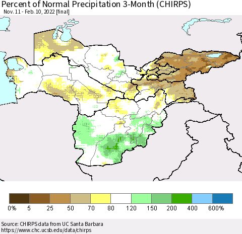 Central Asia Percent of Normal Precipitation 3-Month (CHIRPS) Thematic Map For 11/11/2021 - 2/10/2022