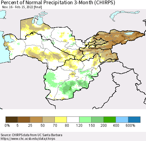 Central Asia Percent of Normal Precipitation 3-Month (CHIRPS) Thematic Map For 11/16/2021 - 2/15/2022