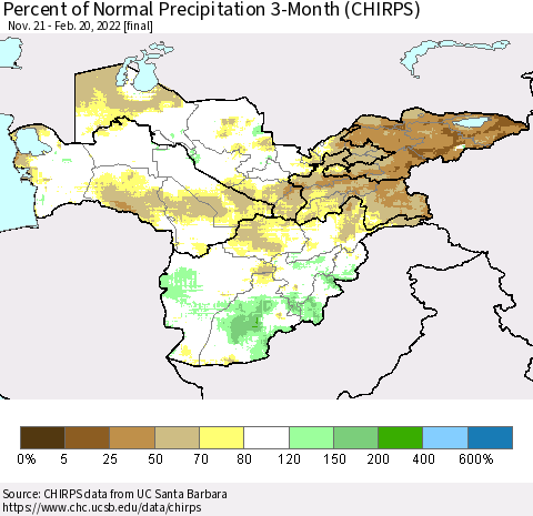 Central Asia Percent of Normal Precipitation 3-Month (CHIRPS) Thematic Map For 11/21/2021 - 2/20/2022