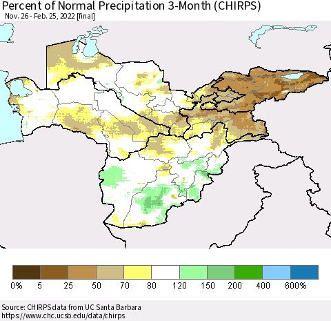 Central Asia Percent of Normal Precipitation 3-Month (CHIRPS) Thematic Map For 11/26/2021 - 2/25/2022