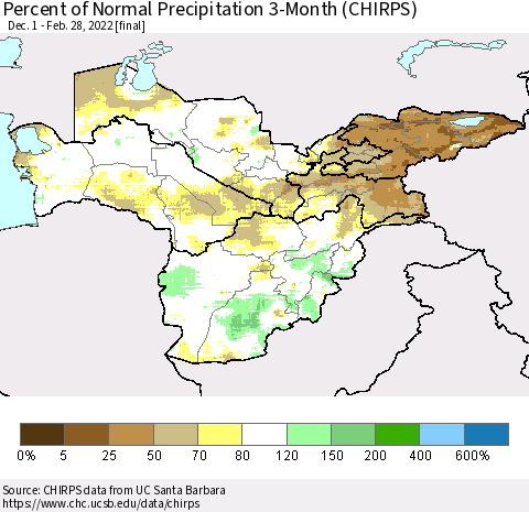 Central Asia Percent of Normal Precipitation 3-Month (CHIRPS) Thematic Map For 12/1/2021 - 2/28/2022