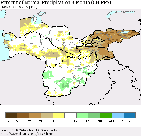 Central Asia Percent of Normal Precipitation 3-Month (CHIRPS) Thematic Map For 12/6/2021 - 3/5/2022