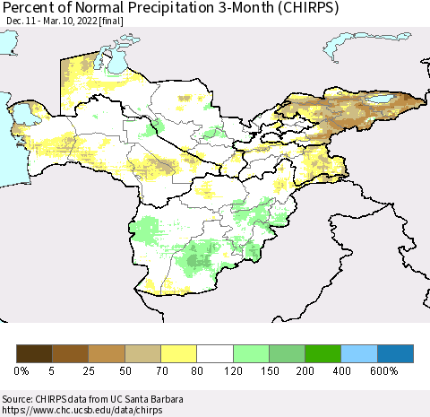 Central Asia Percent of Normal Precipitation 3-Month (CHIRPS) Thematic Map For 12/11/2021 - 3/10/2022