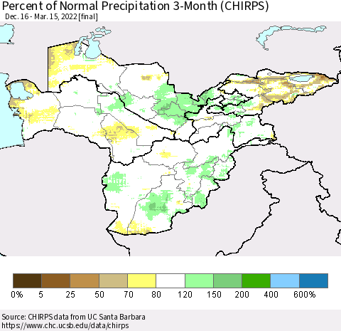 Central Asia Percent of Normal Precipitation 3-Month (CHIRPS) Thematic Map For 12/16/2021 - 3/15/2022