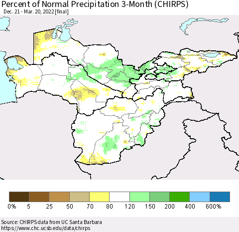 Central Asia Percent of Normal Precipitation 3-Month (CHIRPS) Thematic Map For 12/21/2021 - 3/20/2022