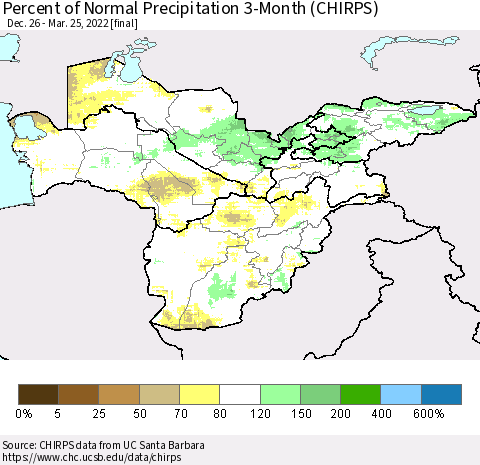 Central Asia Percent of Normal Precipitation 3-Month (CHIRPS) Thematic Map For 12/26/2021 - 3/25/2022