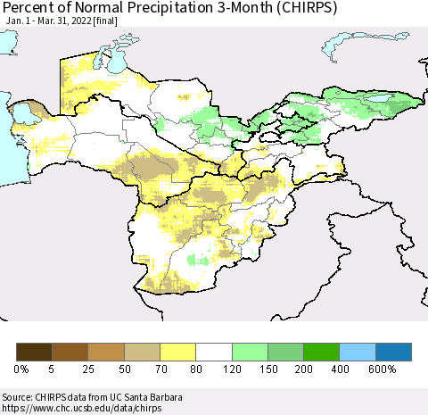 Central Asia Percent of Normal Precipitation 3-Month (CHIRPS) Thematic Map For 1/1/2022 - 3/31/2022