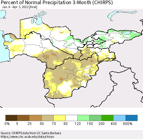 Central Asia Percent of Normal Precipitation 3-Month (CHIRPS) Thematic Map For 1/6/2022 - 4/5/2022