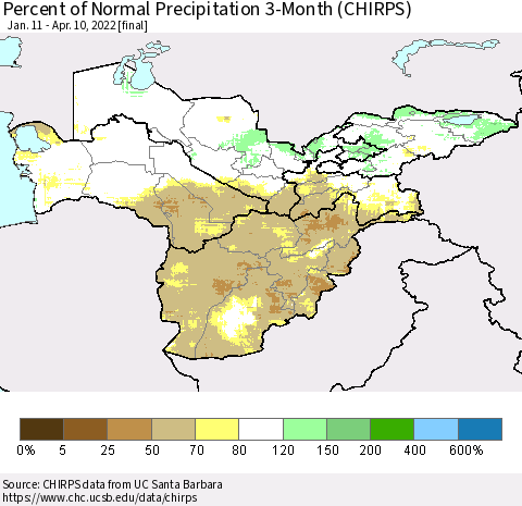 Central Asia Percent of Normal Precipitation 3-Month (CHIRPS) Thematic Map For 1/11/2022 - 4/10/2022