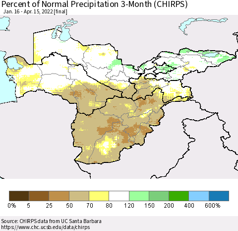 Central Asia Percent of Normal Precipitation 3-Month (CHIRPS) Thematic Map For 1/16/2022 - 4/15/2022