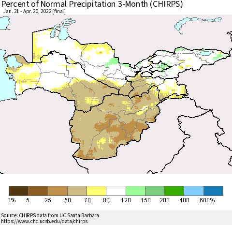 Central Asia Percent of Normal Precipitation 3-Month (CHIRPS) Thematic Map For 1/21/2022 - 4/20/2022