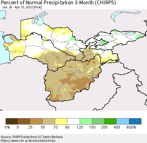Central Asia Percent of Normal Precipitation 3-Month (CHIRPS) Thematic Map For 1/26/2022 - 4/25/2022