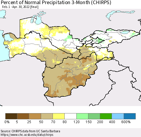 Central Asia Percent of Normal Precipitation 3-Month (CHIRPS) Thematic Map For 2/1/2022 - 4/30/2022