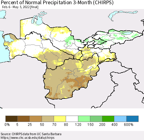 Central Asia Percent of Normal Precipitation 3-Month (CHIRPS) Thematic Map For 2/6/2022 - 5/5/2022