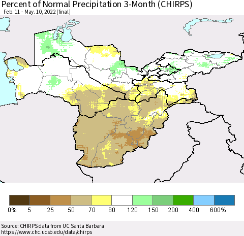 Central Asia Percent of Normal Precipitation 3-Month (CHIRPS) Thematic Map For 2/11/2022 - 5/10/2022