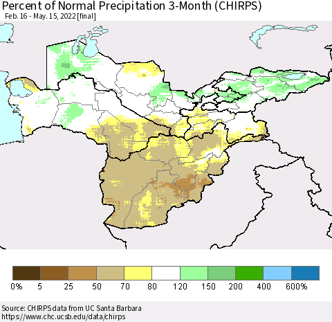 Central Asia Percent of Normal Precipitation 3-Month (CHIRPS) Thematic Map For 2/16/2022 - 5/15/2022