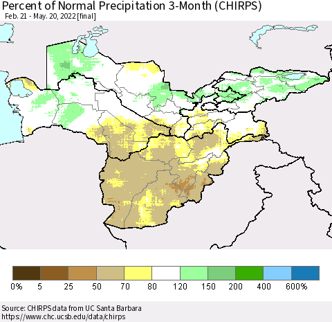 Central Asia Percent of Normal Precipitation 3-Month (CHIRPS) Thematic Map For 2/21/2022 - 5/20/2022
