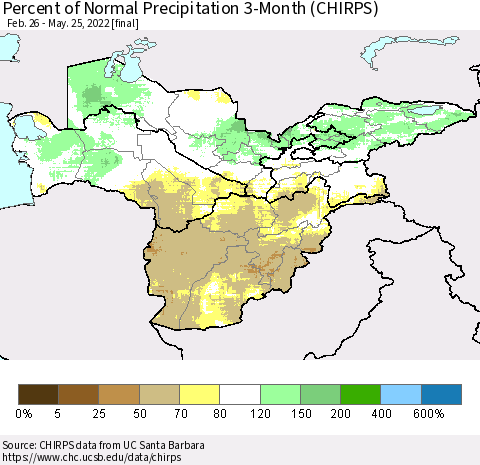 Central Asia Percent of Normal Precipitation 3-Month (CHIRPS) Thematic Map For 2/26/2022 - 5/25/2022