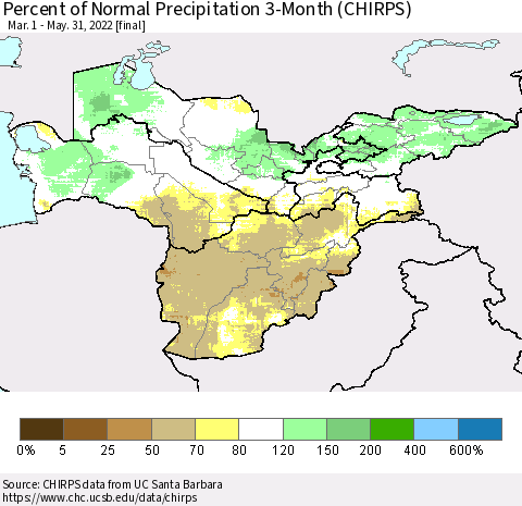 Central Asia Percent of Normal Precipitation 3-Month (CHIRPS) Thematic Map For 3/1/2022 - 5/31/2022