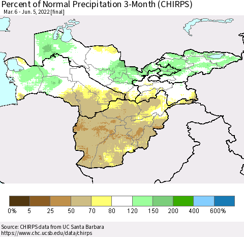 Central Asia Percent of Normal Precipitation 3-Month (CHIRPS) Thematic Map For 3/6/2022 - 6/5/2022