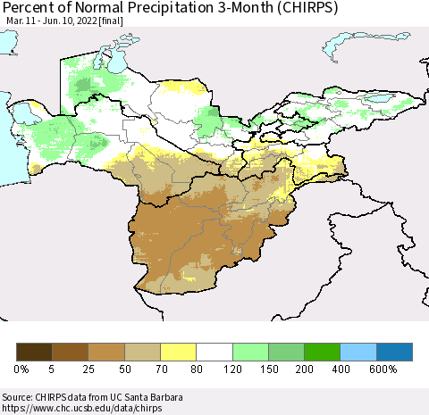 Central Asia Percent of Normal Precipitation 3-Month (CHIRPS) Thematic Map For 3/11/2022 - 6/10/2022