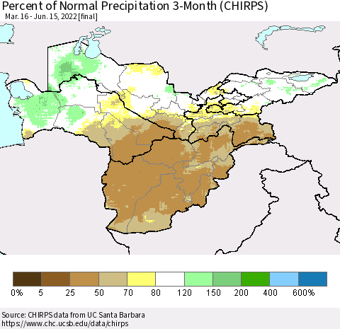 Central Asia Percent of Normal Precipitation 3-Month (CHIRPS) Thematic Map For 3/16/2022 - 6/15/2022