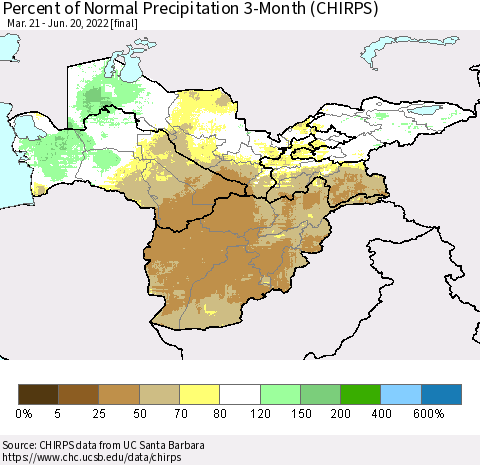 Central Asia Percent of Normal Precipitation 3-Month (CHIRPS) Thematic Map For 3/21/2022 - 6/20/2022