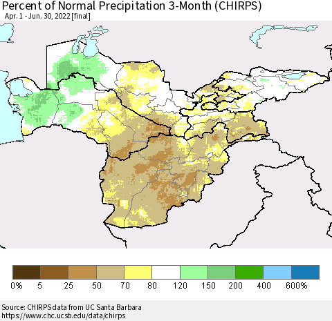 Central Asia Percent of Normal Precipitation 3-Month (CHIRPS) Thematic Map For 4/1/2022 - 6/30/2022