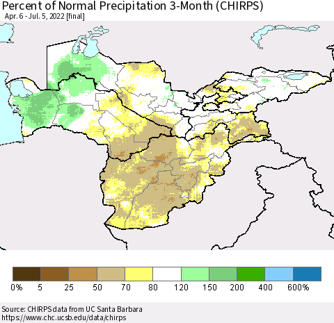 Central Asia Percent of Normal Precipitation 3-Month (CHIRPS) Thematic Map For 4/6/2022 - 7/5/2022