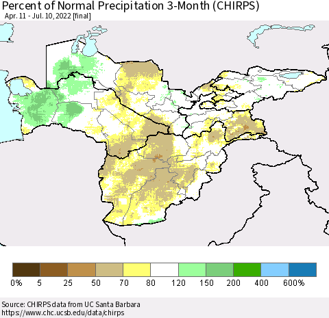 Central Asia Percent of Normal Precipitation 3-Month (CHIRPS) Thematic Map For 4/11/2022 - 7/10/2022