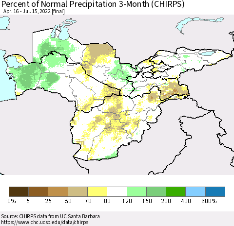 Central Asia Percent of Normal Precipitation 3-Month (CHIRPS) Thematic Map For 4/16/2022 - 7/15/2022