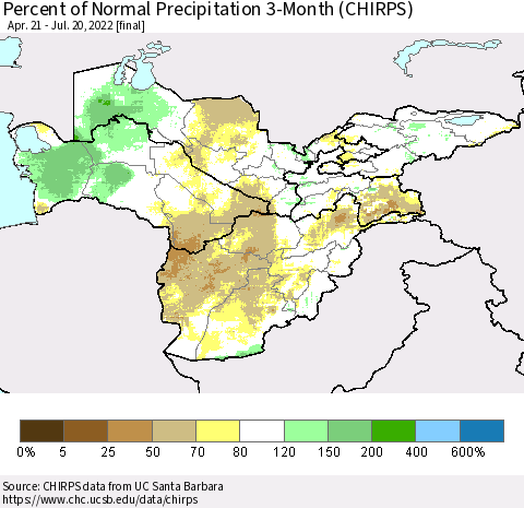 Central Asia Percent of Normal Precipitation 3-Month (CHIRPS) Thematic Map For 4/21/2022 - 7/20/2022