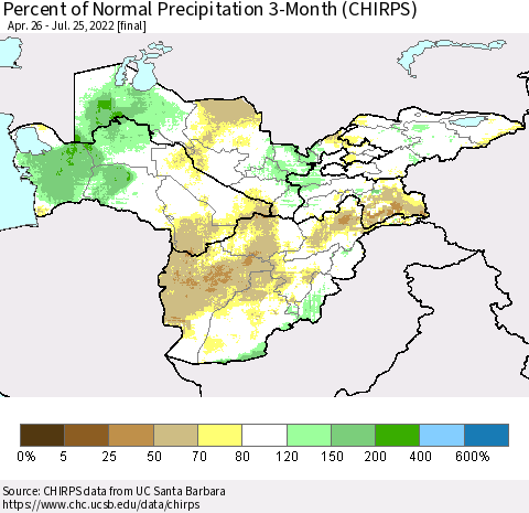 Central Asia Percent of Normal Precipitation 3-Month (CHIRPS) Thematic Map For 4/26/2022 - 7/25/2022
