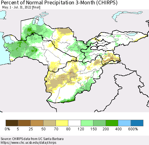 Central Asia Percent of Normal Precipitation 3-Month (CHIRPS) Thematic Map For 5/1/2022 - 7/31/2022