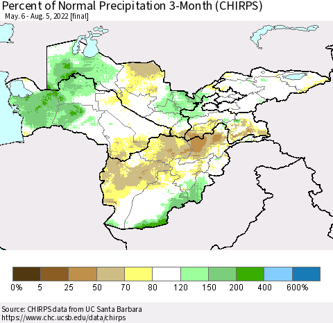 Central Asia Percent of Normal Precipitation 3-Month (CHIRPS) Thematic Map For 5/6/2022 - 8/5/2022