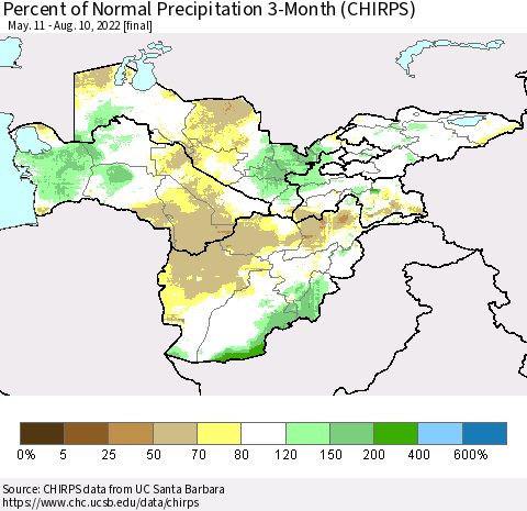 Central Asia Percent of Normal Precipitation 3-Month (CHIRPS) Thematic Map For 5/11/2022 - 8/10/2022