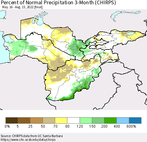 Central Asia Percent of Normal Precipitation 3-Month (CHIRPS) Thematic Map For 5/16/2022 - 8/15/2022