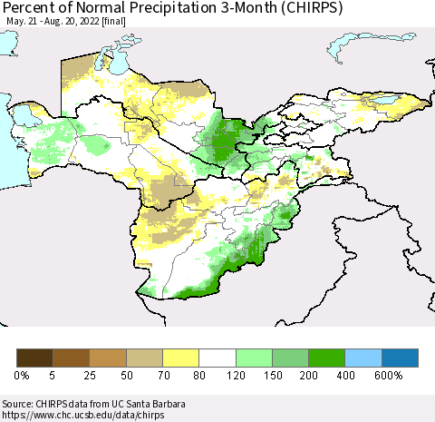 Central Asia Percent of Normal Precipitation 3-Month (CHIRPS) Thematic Map For 5/21/2022 - 8/20/2022
