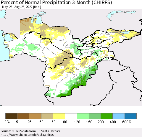 Central Asia Percent of Normal Precipitation 3-Month (CHIRPS) Thematic Map For 5/26/2022 - 8/25/2022