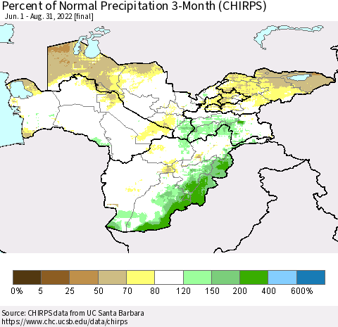 Central Asia Percent of Normal Precipitation 3-Month (CHIRPS) Thematic Map For 6/1/2022 - 8/31/2022