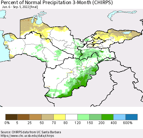 Central Asia Percent of Normal Precipitation 3-Month (CHIRPS) Thematic Map For 6/6/2022 - 9/5/2022
