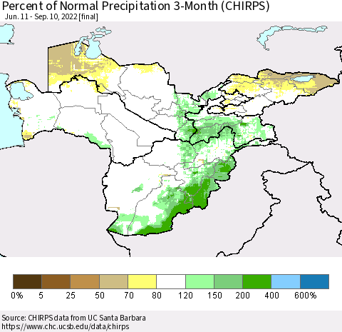 Central Asia Percent of Normal Precipitation 3-Month (CHIRPS) Thematic Map For 6/11/2022 - 9/10/2022