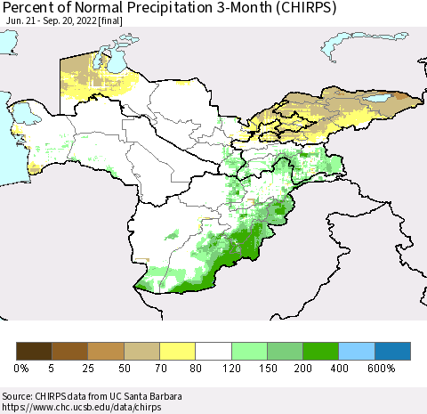 Central Asia Percent of Normal Precipitation 3-Month (CHIRPS) Thematic Map For 6/21/2022 - 9/20/2022