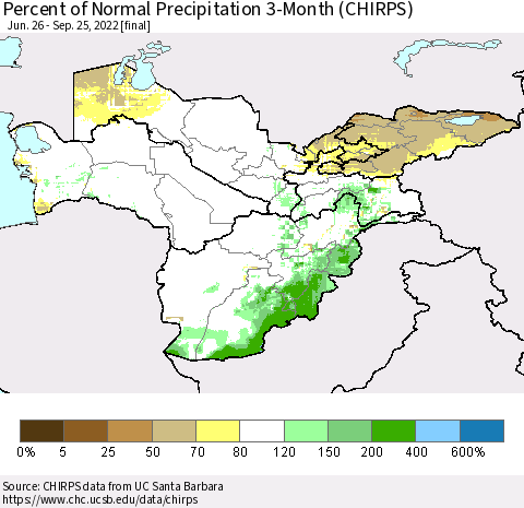 Central Asia Percent of Normal Precipitation 3-Month (CHIRPS) Thematic Map For 6/26/2022 - 9/25/2022