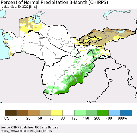 Central Asia Percent of Normal Precipitation 3-Month (CHIRPS) Thematic Map For 7/1/2022 - 9/30/2022