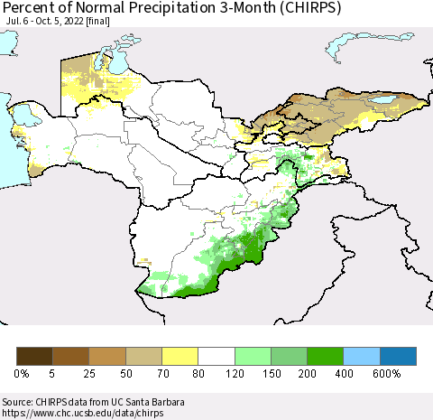 Central Asia Percent of Normal Precipitation 3-Month (CHIRPS) Thematic Map For 7/6/2022 - 10/5/2022