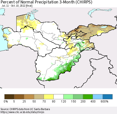 Central Asia Percent of Normal Precipitation 3-Month (CHIRPS) Thematic Map For 7/11/2022 - 10/10/2022
